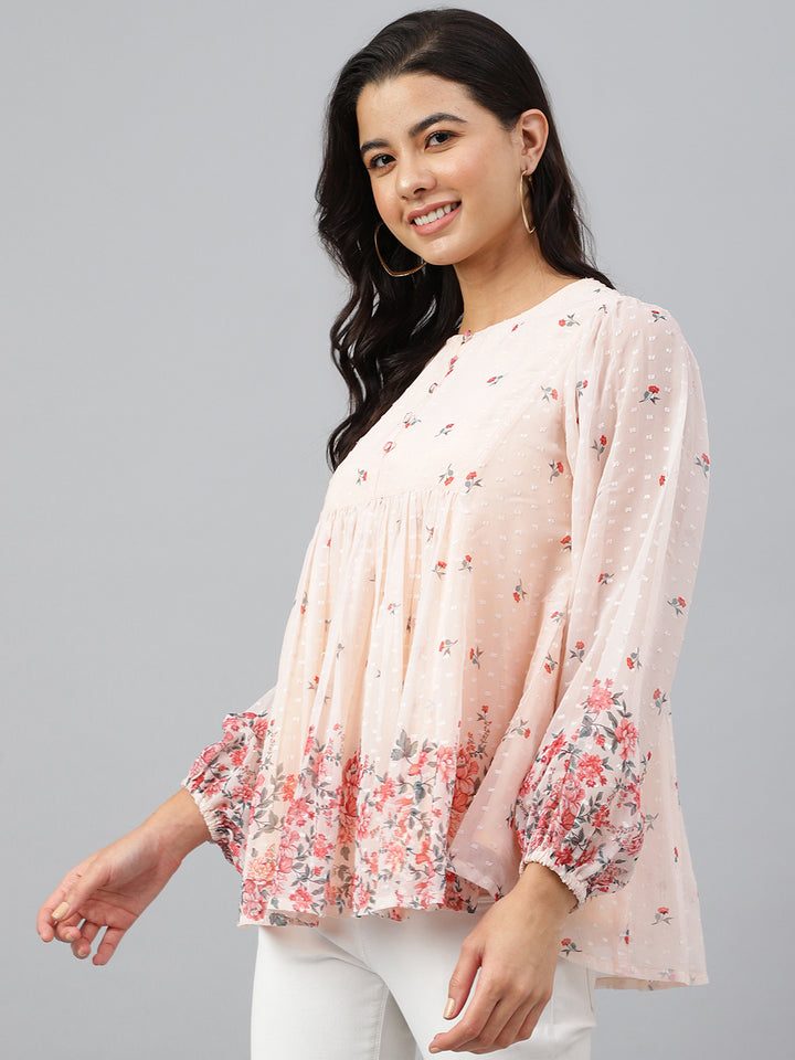 ZERESOUQ-Peach-Dobby-Georgette-Digital-Print-Flare-Top