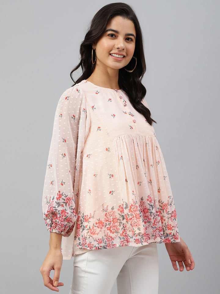 ZERESOUQ-Peach-Dobby-Georgette-Digital-Print-Flare-Top