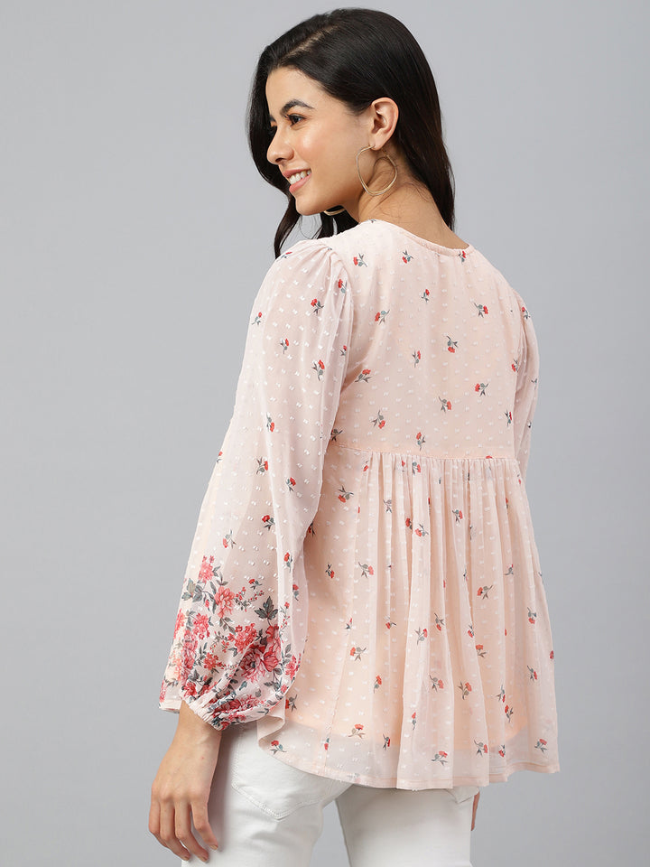 ZERESOUQ-Peach-Dobby-Georgette-Digital-Print-Flare-Top