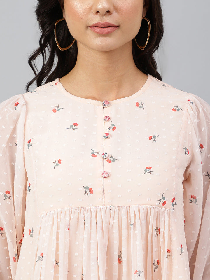 ZERESOUQ-Peach-Dobby-Georgette-Digital-Print-Flare-Top