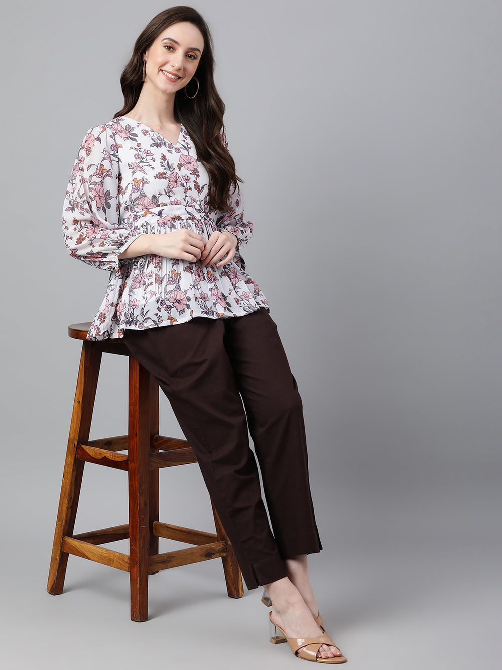 ZERESOUQ-White-&-Pink-Dobby-Georgette-Floral-Print-Top