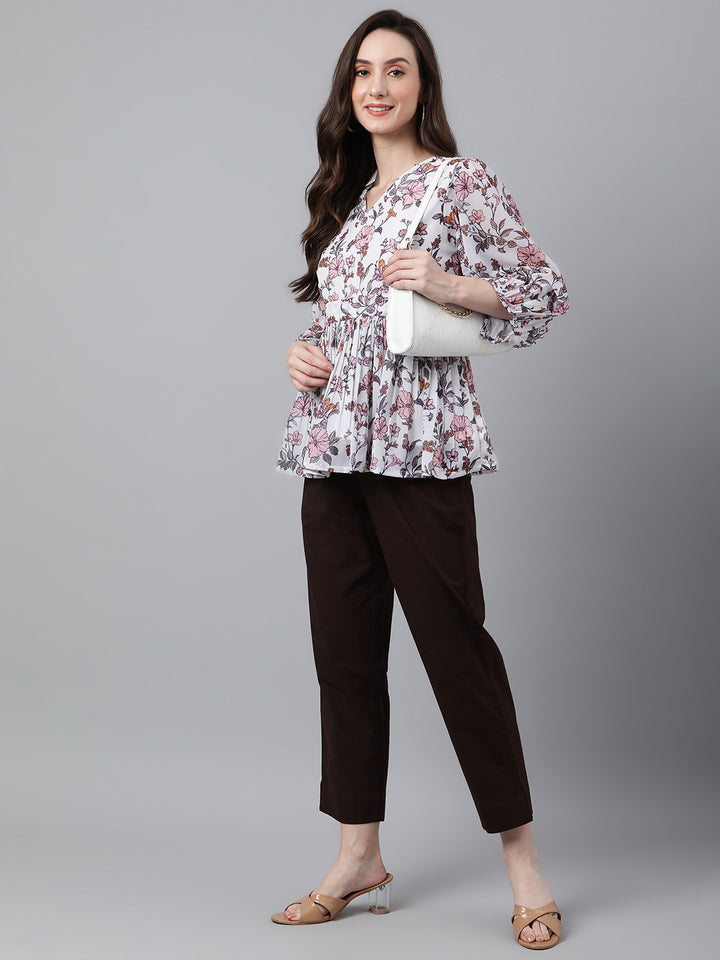 ZERESOUQ-White-&-Pink-Dobby-Georgette-Floral-Print-Top