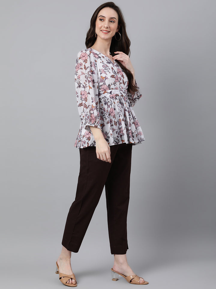 ZERESOUQ-White-&-Pink-Dobby-Georgette-Floral-Print-Top