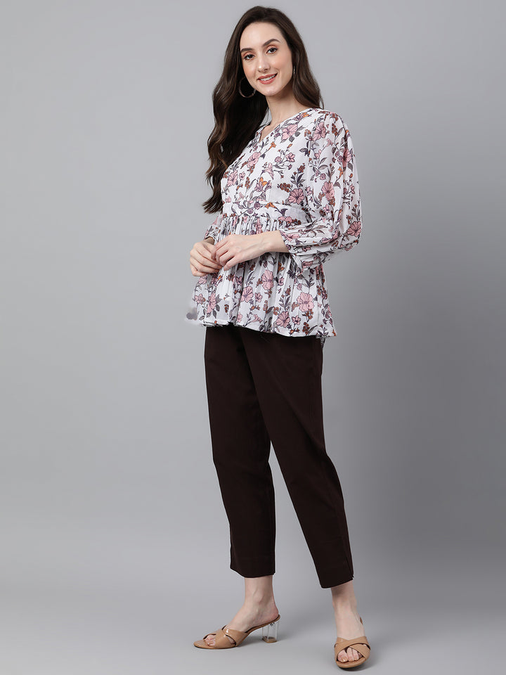 ZERESOUQ-White-&-Pink-Dobby-Georgette-Floral-Print-Top