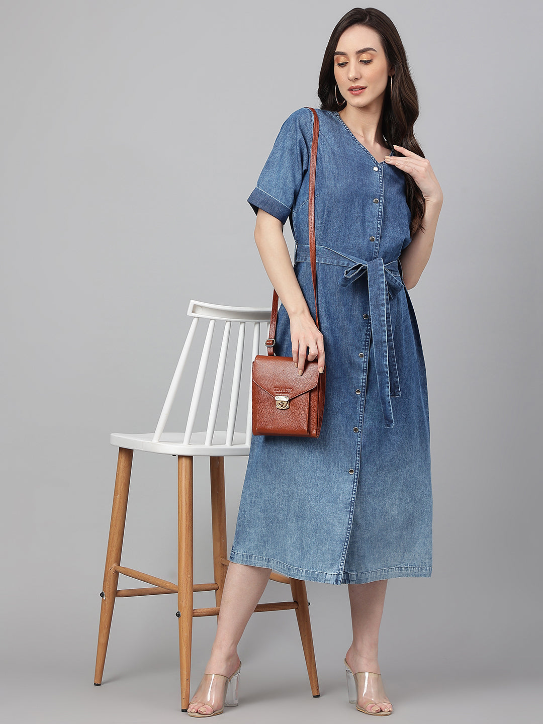 Blue Solid Denim Straight Dress with Belt