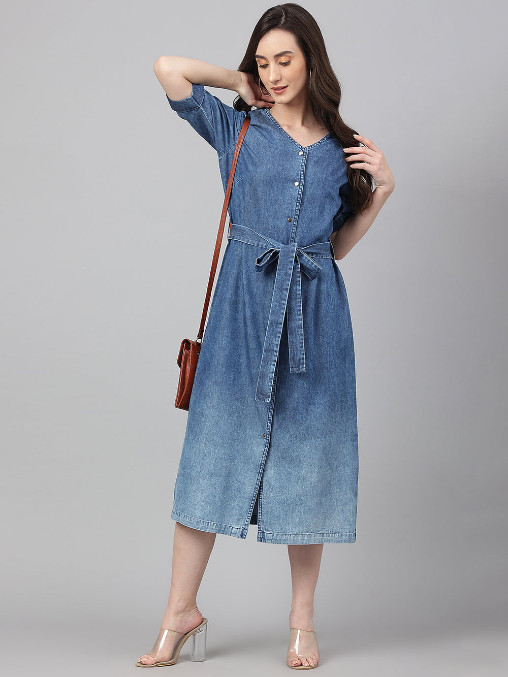 ZERESOUQ-Blue-Solid-Denim-Straight-Dress-with-Belt