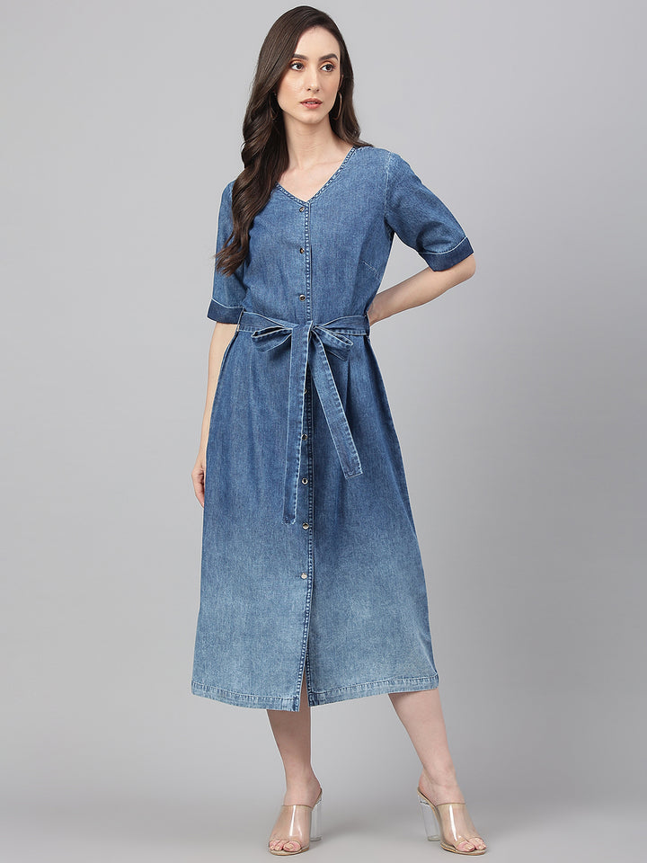 ZERESOUQ-Blue-Solid-Denim-Straight-Dress-with-Belt