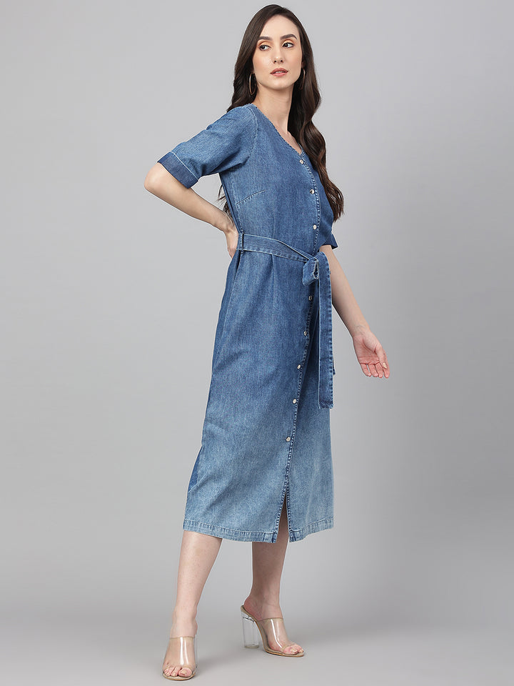 ZERESOUQ-Blue-Solid-Denim-Straight-Dress-with-Belt
