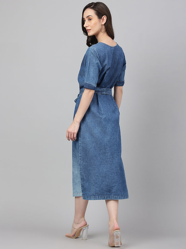 ZERESOUQ-Blue-Solid-Denim-Straight-Dress-with-Belt