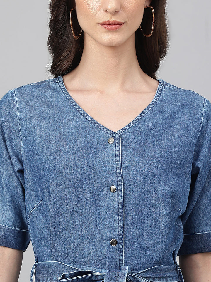 ZERESOUQ-Blue-Solid-Denim-Straight-Dress-with-Belt