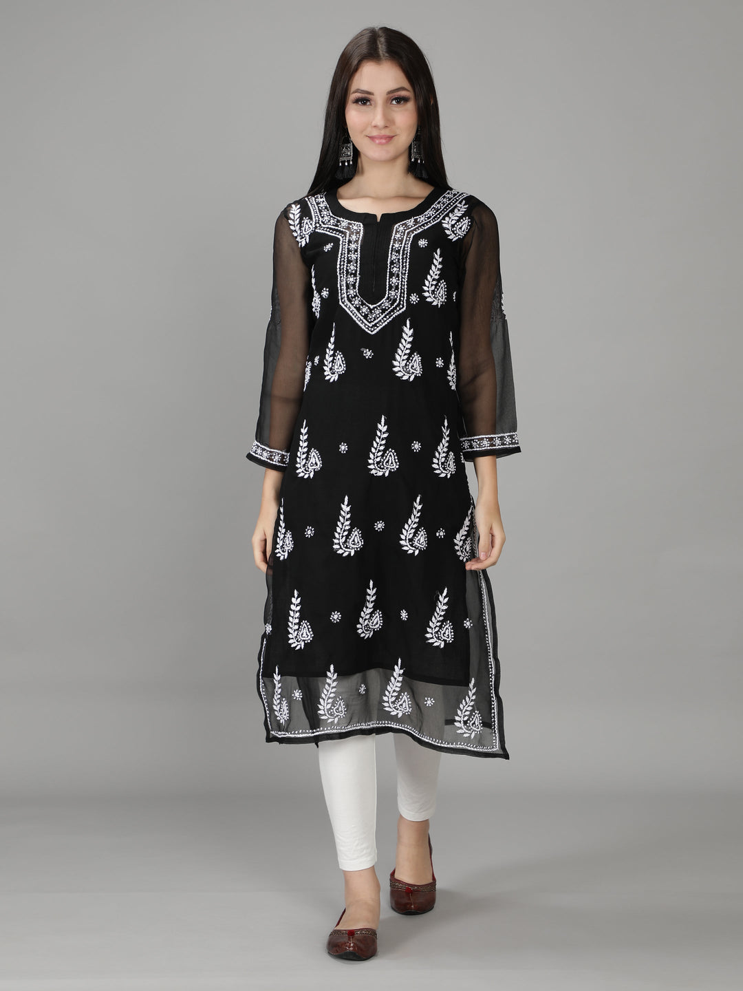 Jade Black Georgette Chikan Kurta with Slip