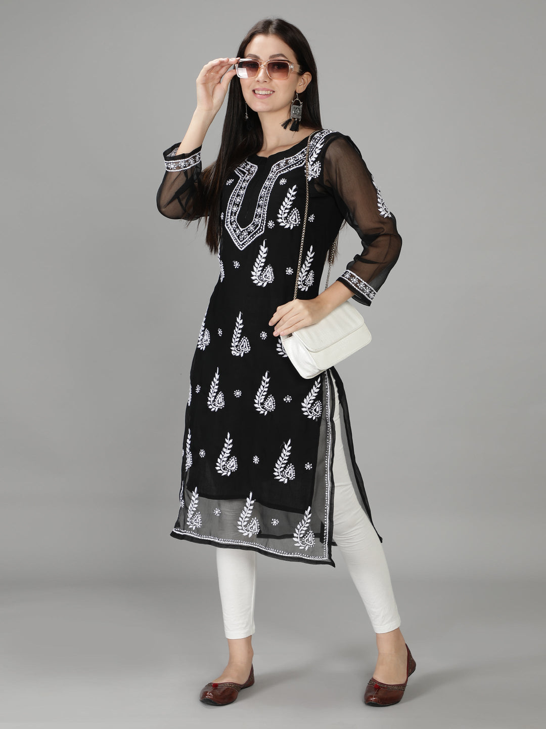 Jade Black Georgette Chikan Kurta with Slip