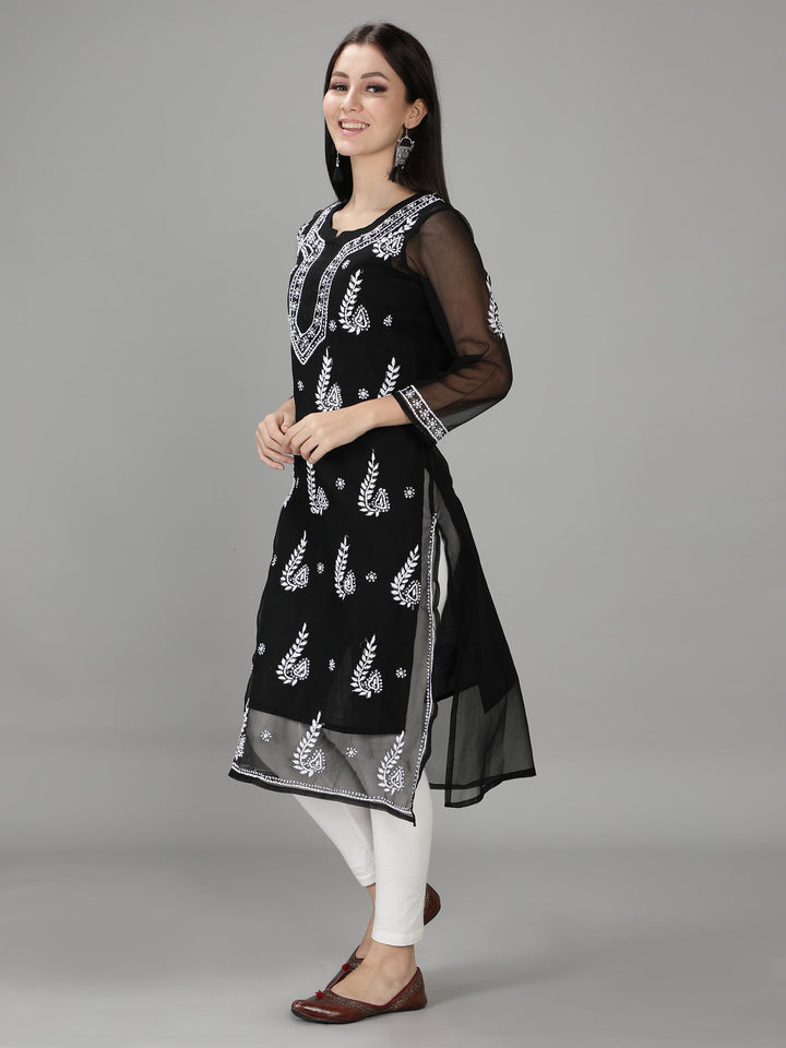 Jade Black Georgette Chikan Kurta with Slip
