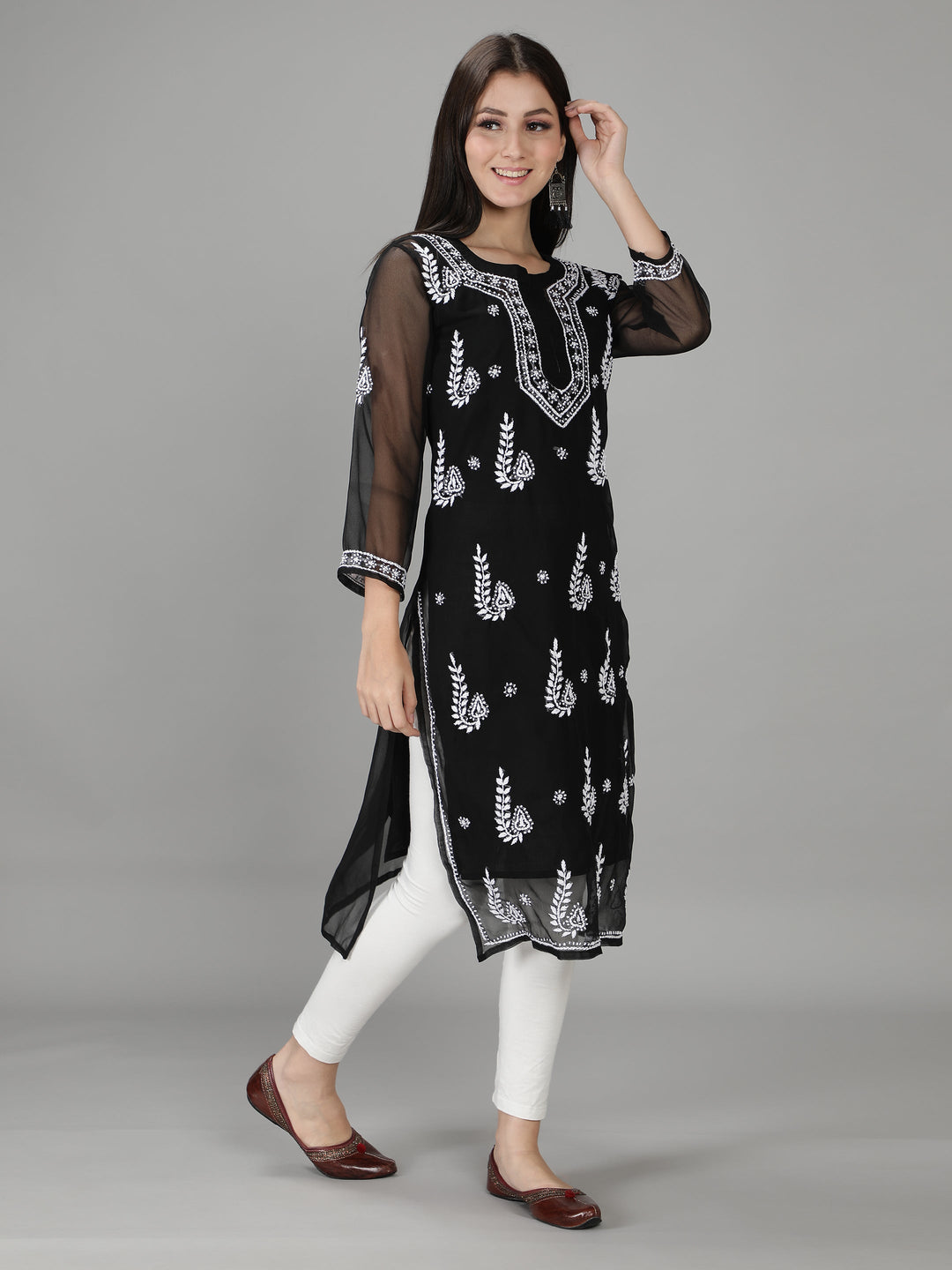 Jade Black Georgette Chikan Kurta with Slip