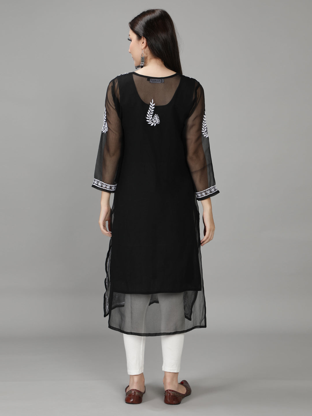 Jade Black Georgette Chikan Kurta with Slip