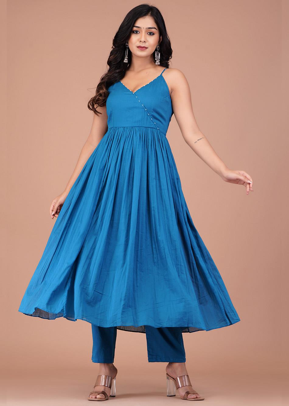 Jade Blue Strappy Anarkali (Set of 3)