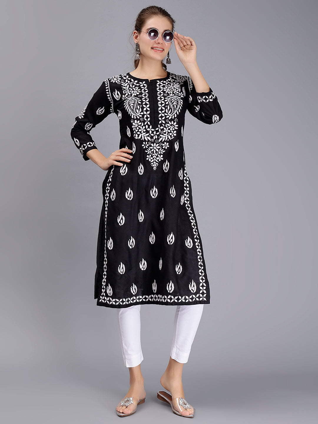 Jet Black Cotton Handwoven Chikankari Kurti