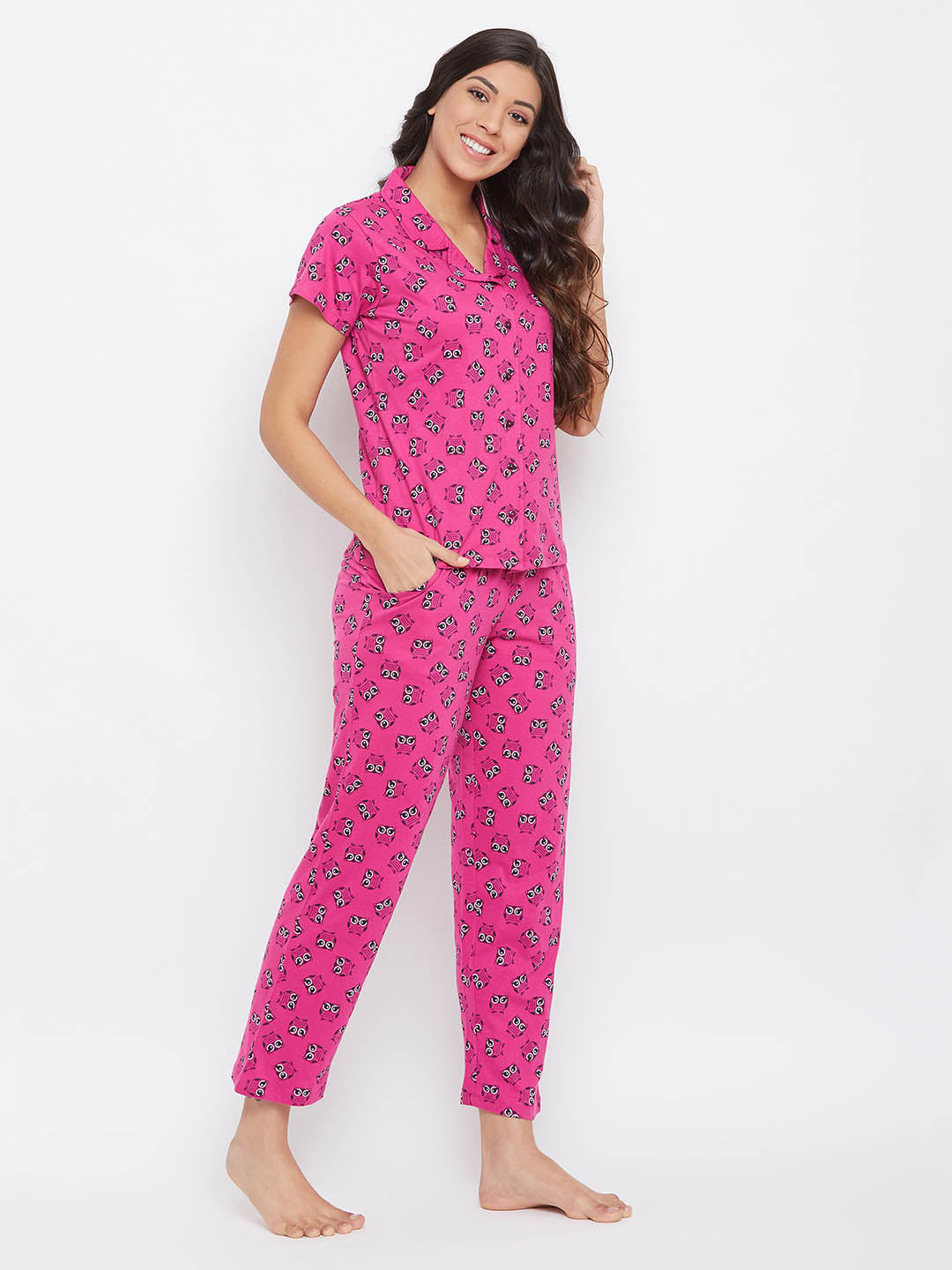 Peach Pink Owl Print Shirt & Pyjama Set