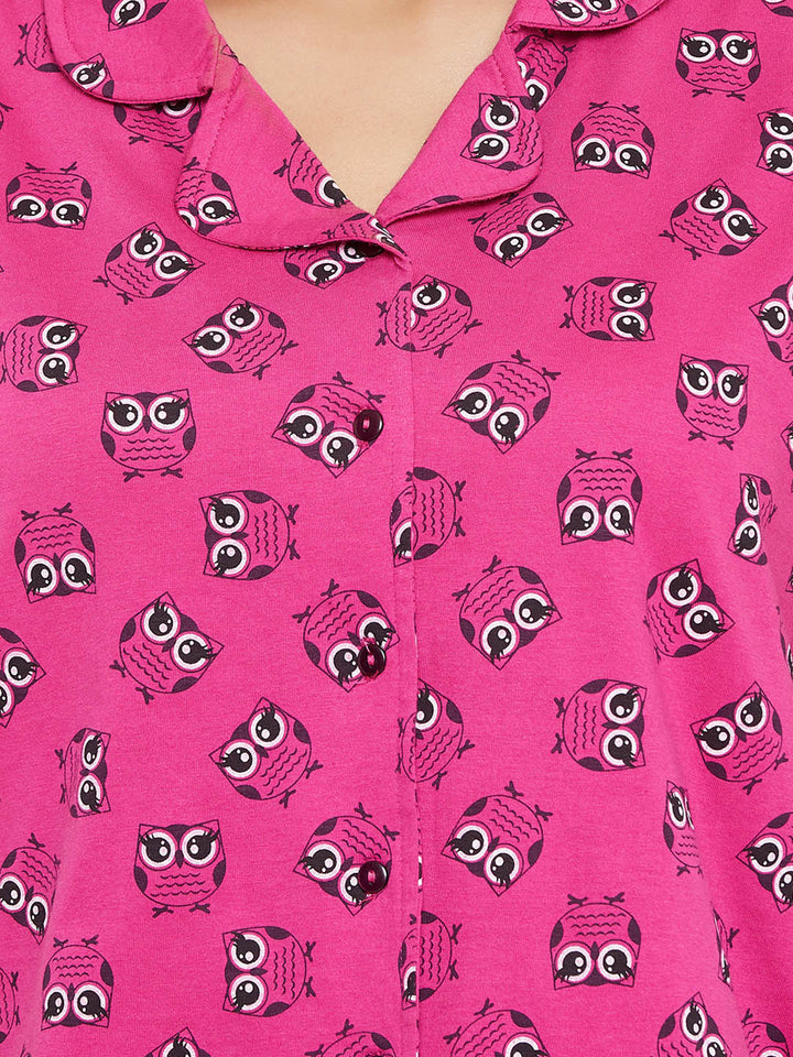 Peach Pink Owl Print Shirt & Pyjama Set