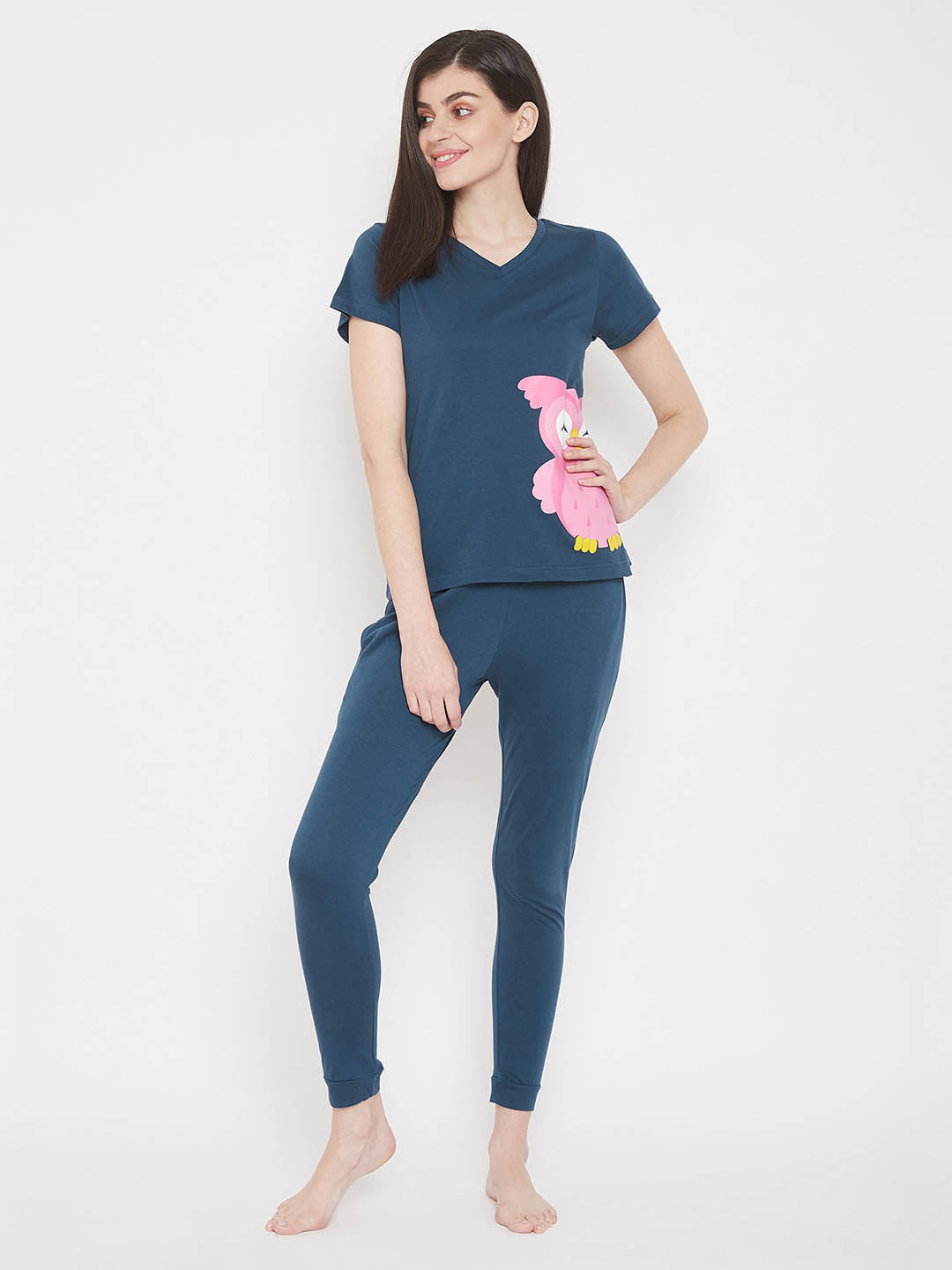Owl Print Top & Pyjama In Navy