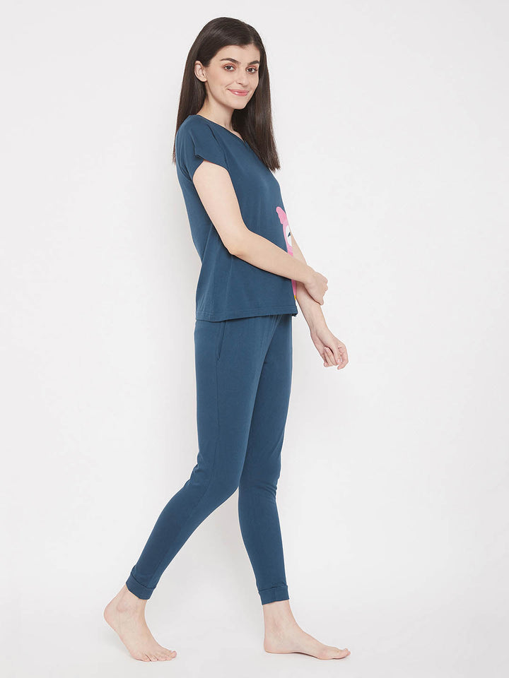 Owl Print Top & Pyjama In Navy
