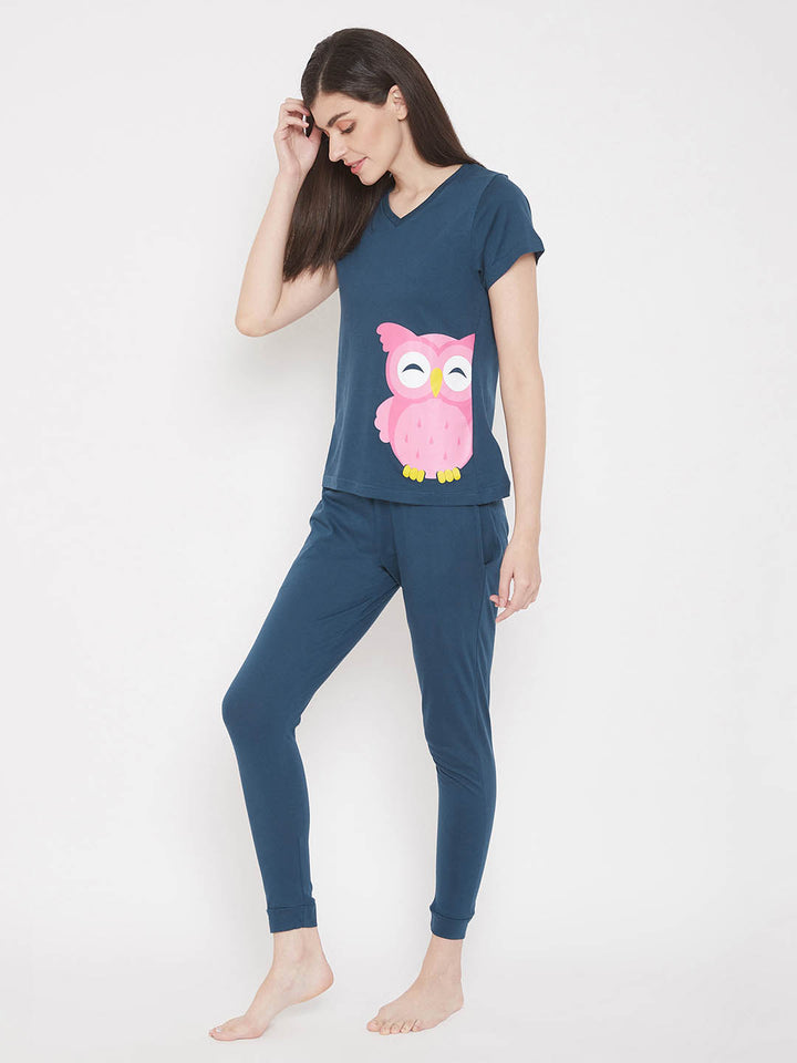 Owl Print Top & Pyjama In Navy