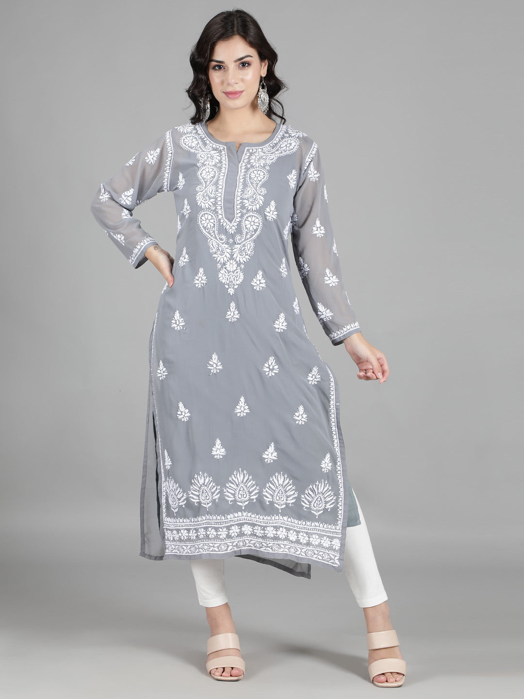 Lava Grey Georgette Chikan Kurta & Inner Slip