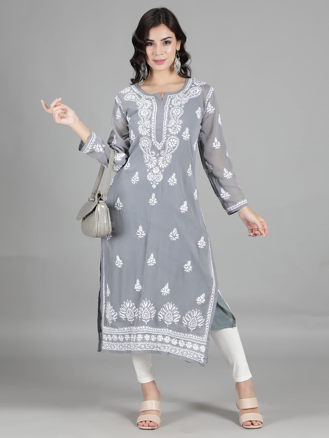 Lava Grey Georgette Chikan Kurta & Inner Slip