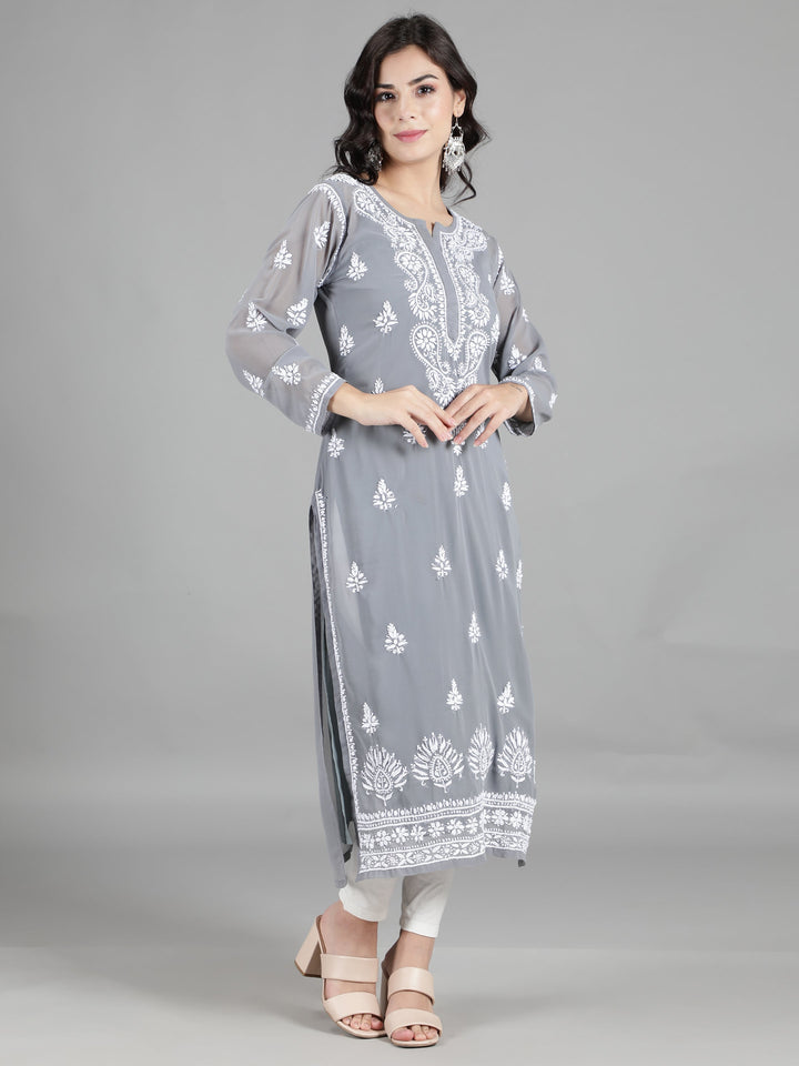 Lava Grey Georgette Chikan Kurta & Inner Slip