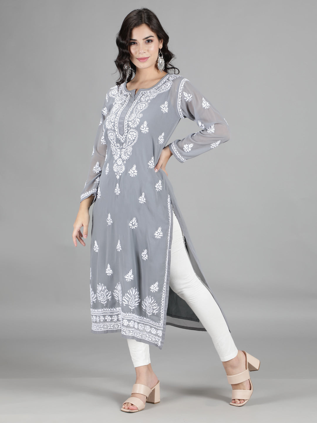 Lava Grey Georgette Chikan Kurta & Inner Slip