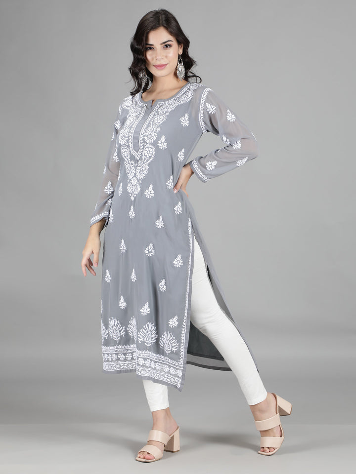 Lava Grey Georgette Chikan Kurta & Inner Slip