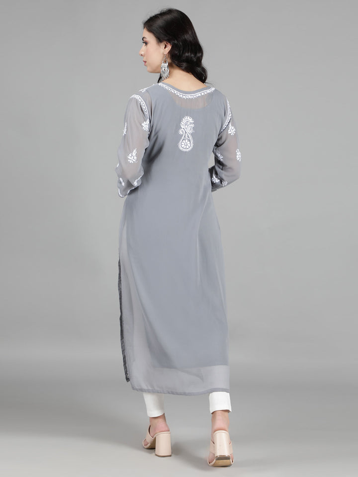 Lava Grey Georgette Chikan Kurta & Inner Slip