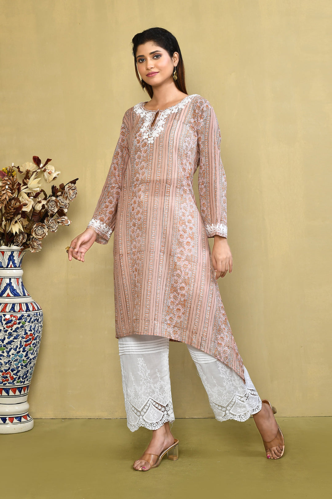 ZERESOUQ-Light-Peach-Stripes-Handblock-Printed-Chikanari-Kurta