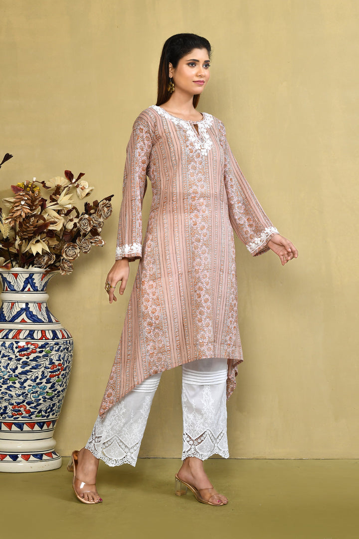 ZERESOUQ-Light-Peach-Stripes-Handblock-Printed-Chikanari-Kurta