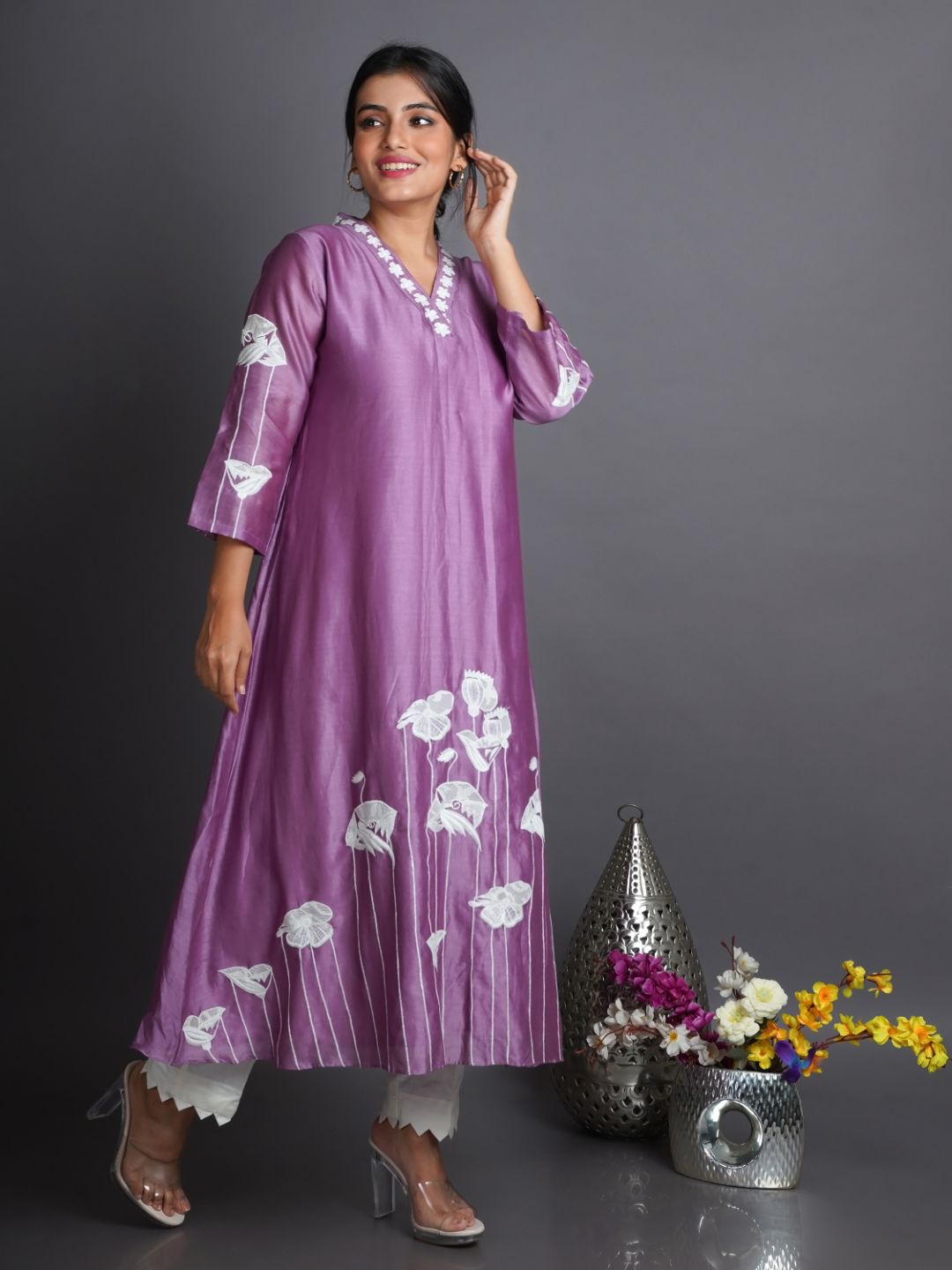 Lilac-Silk-Kurta-With-White-Scallop-Pants