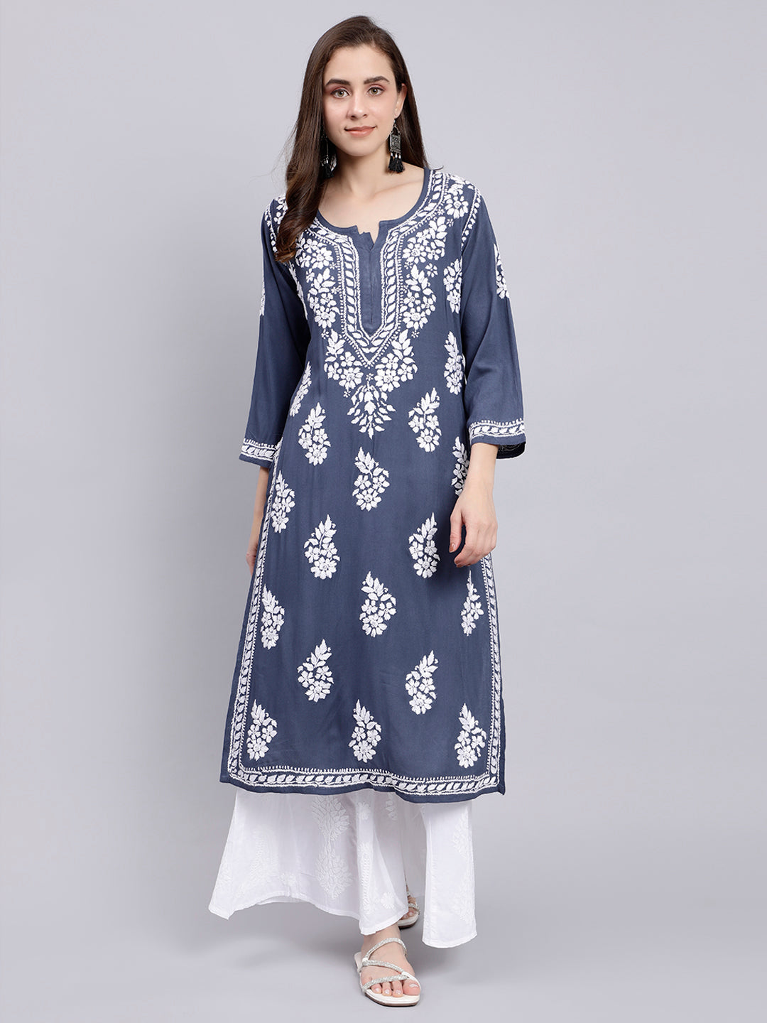 Livid Grey Rayon Handwoven Chikankari Kurti