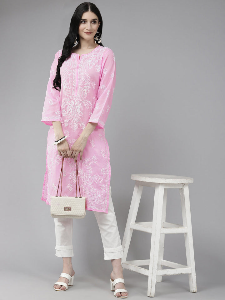 Lucknowi Chikankari Baby Pink Cotton Kurta