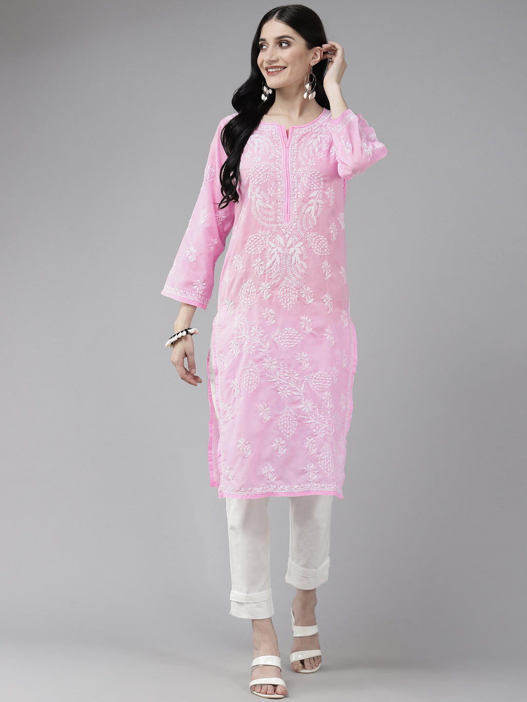Lucknowi Chikankari Baby Pink Cotton Kurta