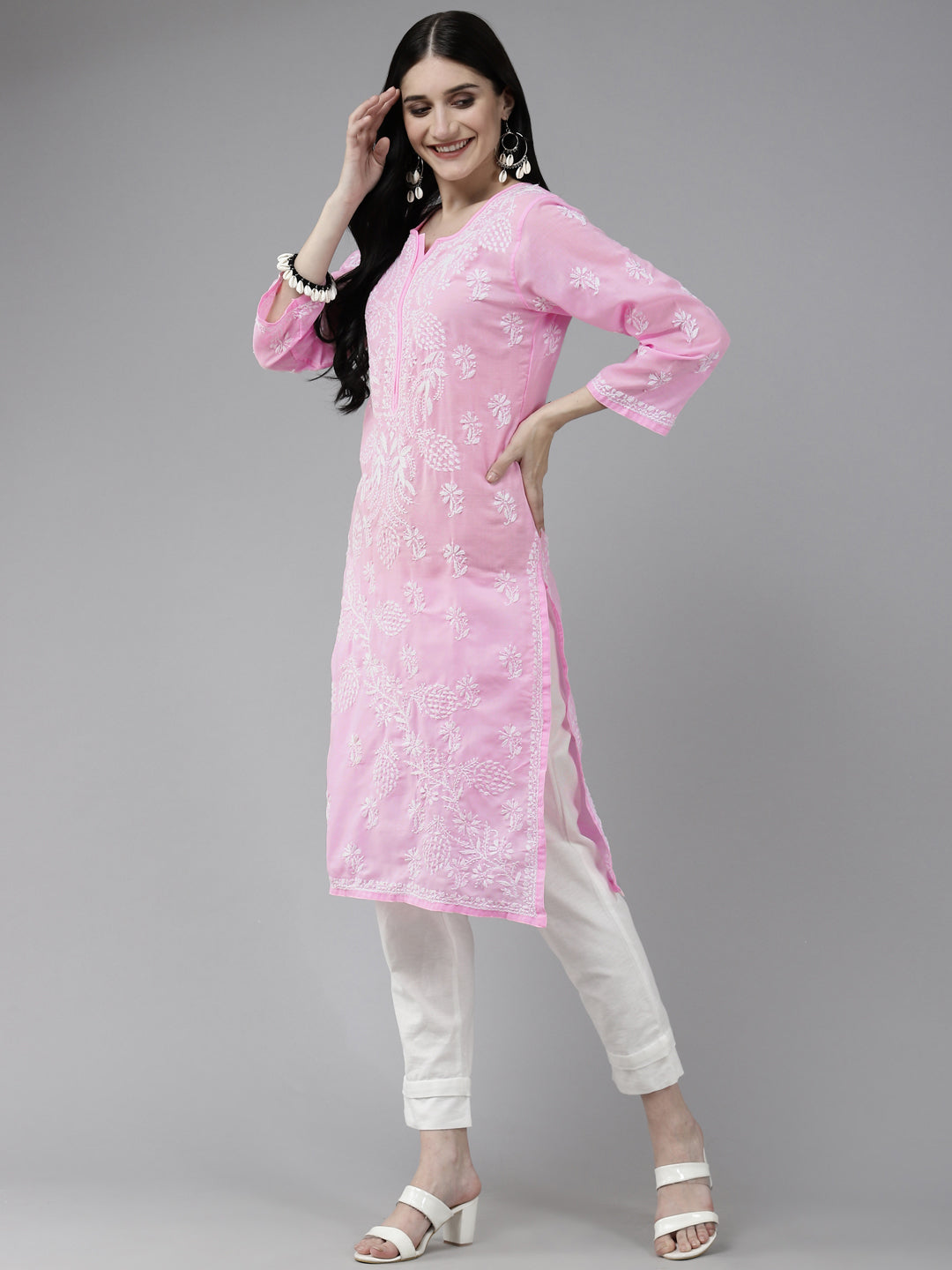 Lucknowi Chikankari Baby Pink Cotton Kurta