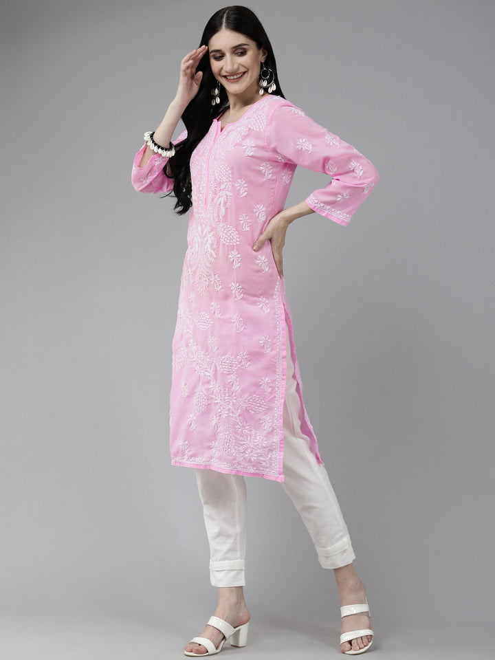 Lucknowi Chikankari Baby Pink Cotton Kurta