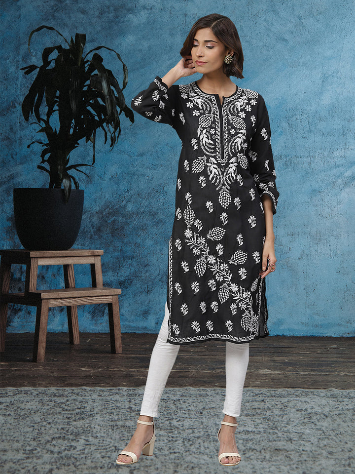 Lucknowi Chikankari Black Cotton Kurta