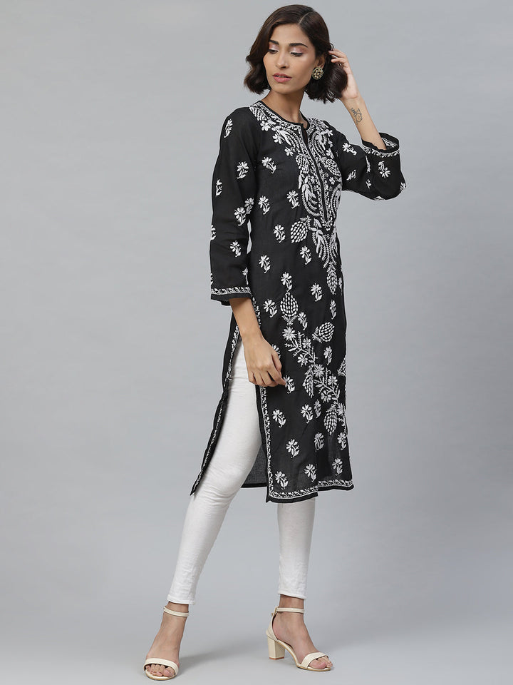 Lucknowi Chikankari Black Cotton Kurta