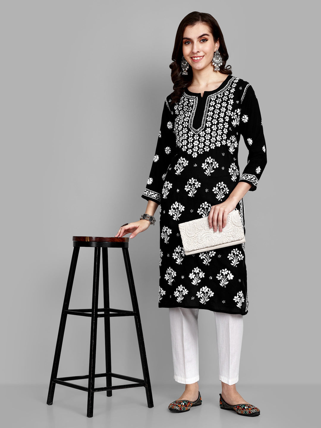 Lucknowi Chikankari Black Rayon & Cotton Silk Kurta