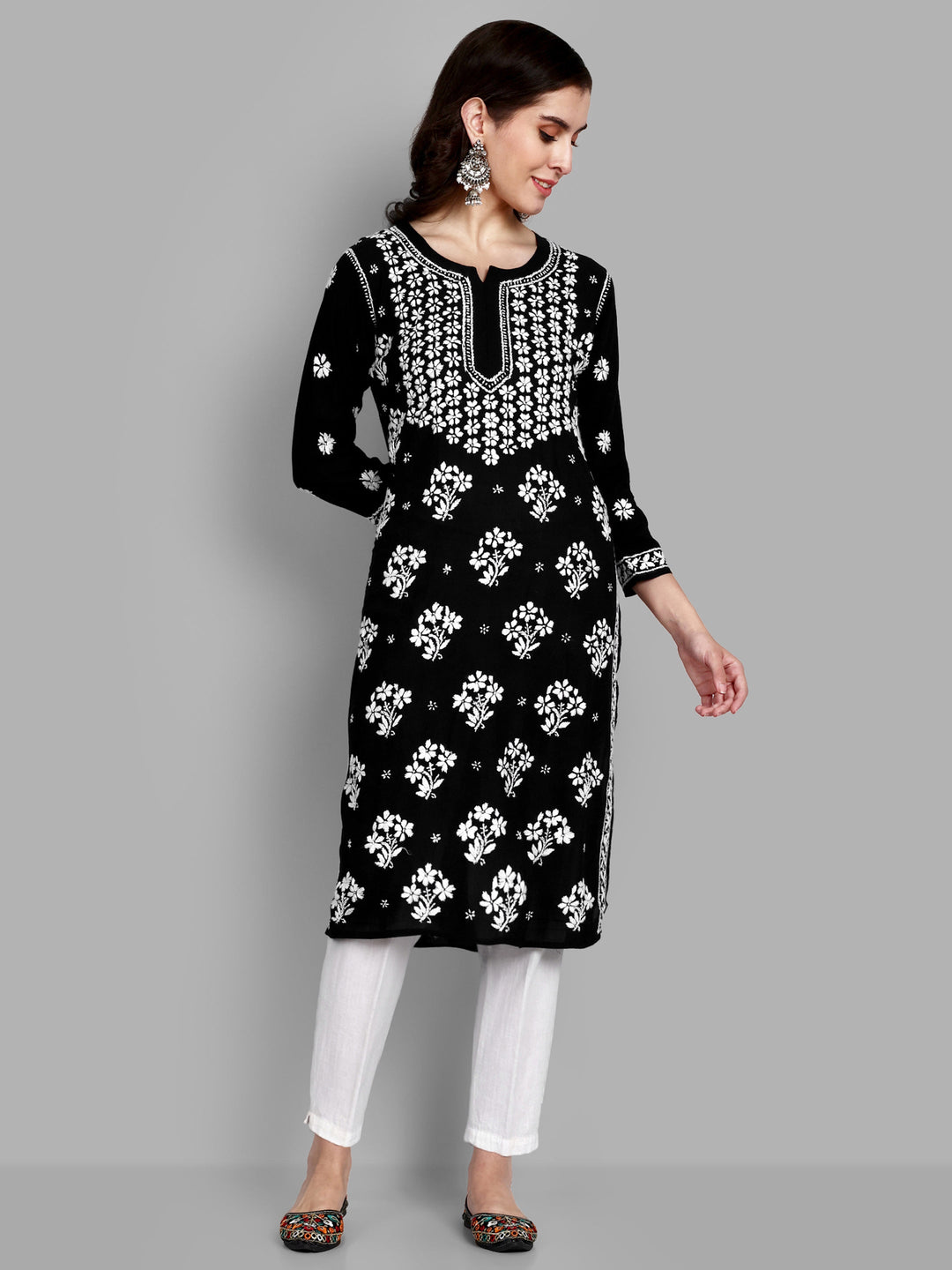 Lucknowi Chikankari Black Rayon & Cotton Silk Kurta