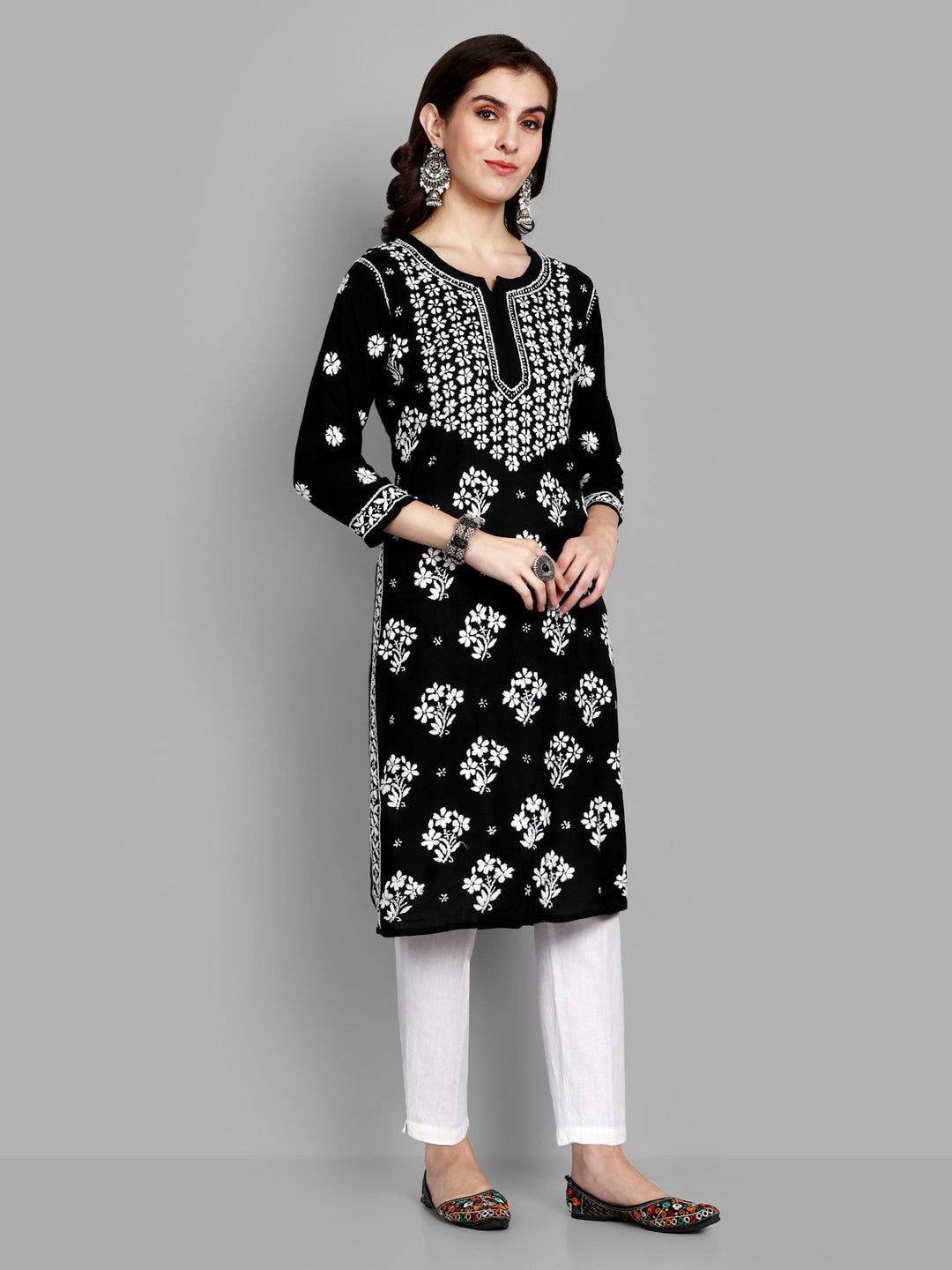 Lucknowi Chikankari Black Rayon & Cotton Silk Kurta