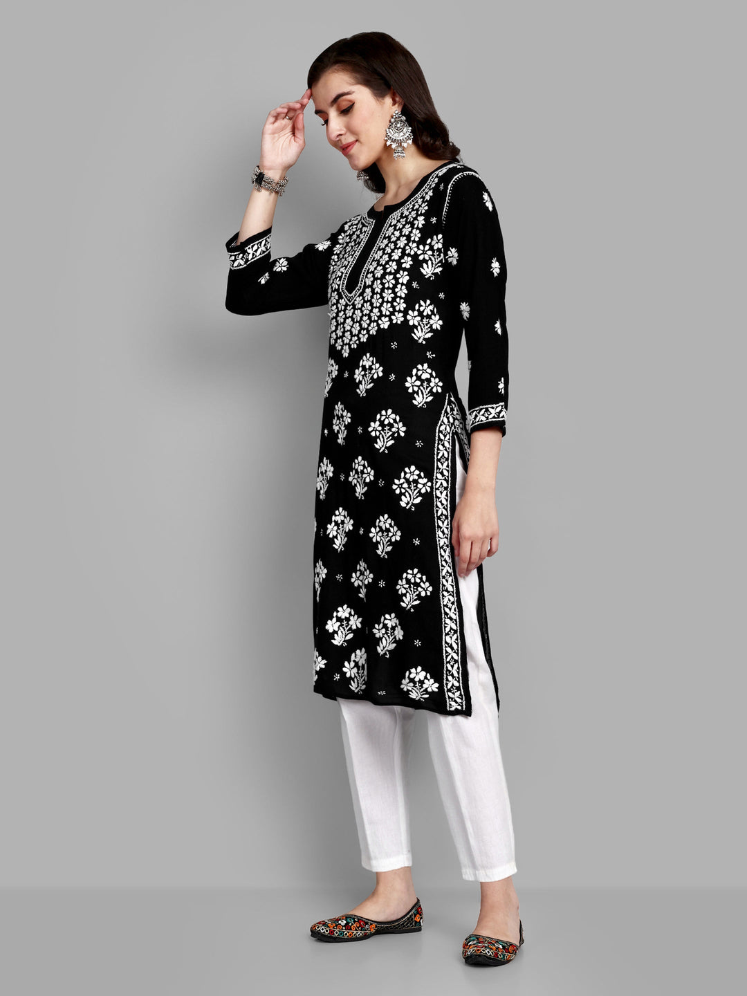 Lucknowi Chikankari Black Rayon & Cotton Silk Kurta