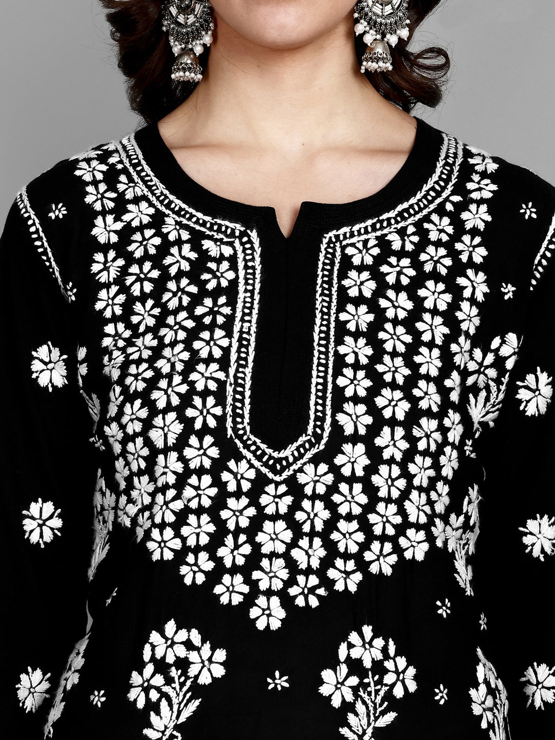 Lucknowi Chikankari Black Rayon & Cotton Silk Kurta