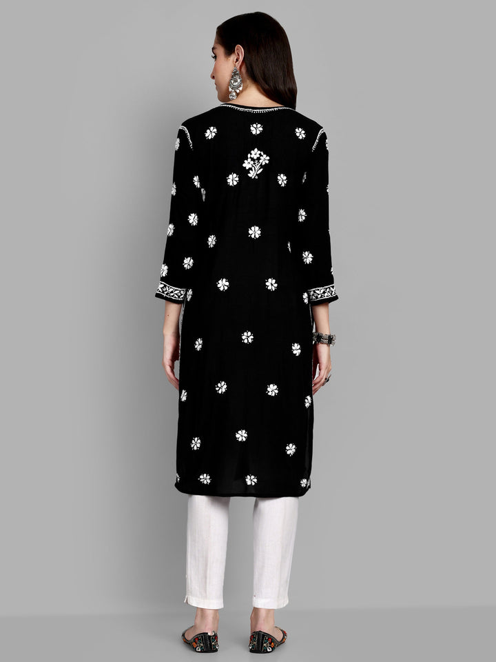 Lucknowi Chikankari Black Rayon & Cotton Silk Kurta