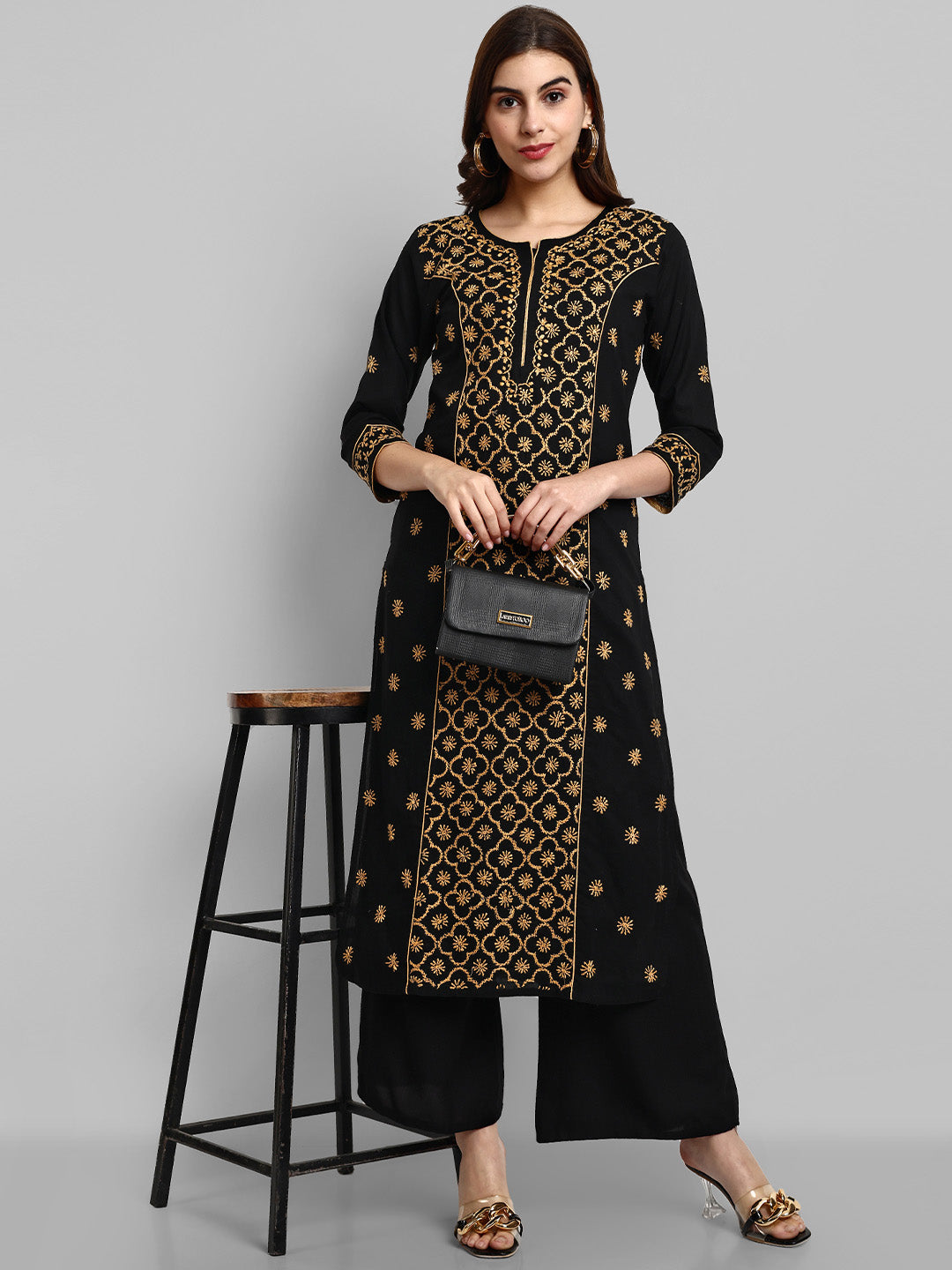Lucknowi Chikankari Black & Beige Cotton Kurta