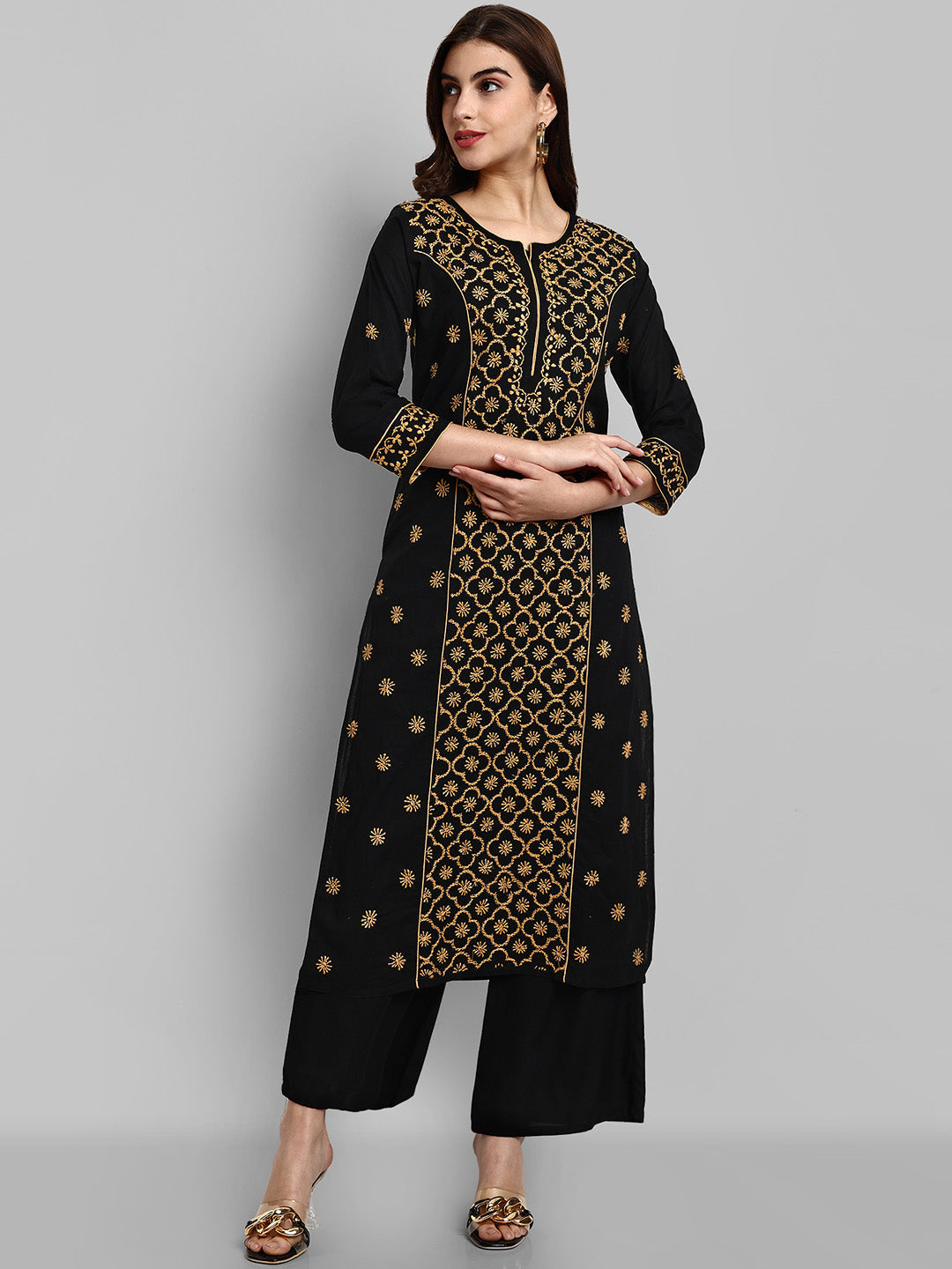 Lucknowi Chikankari Black & Beige Cotton Kurta